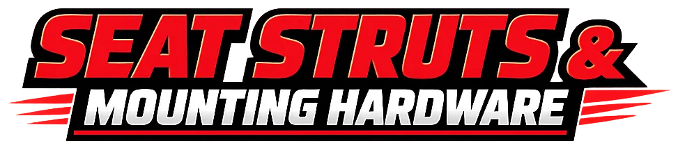 Red and black blocky text logo reading Seat Struts & Mounting Hardware for kart seat mounting components.