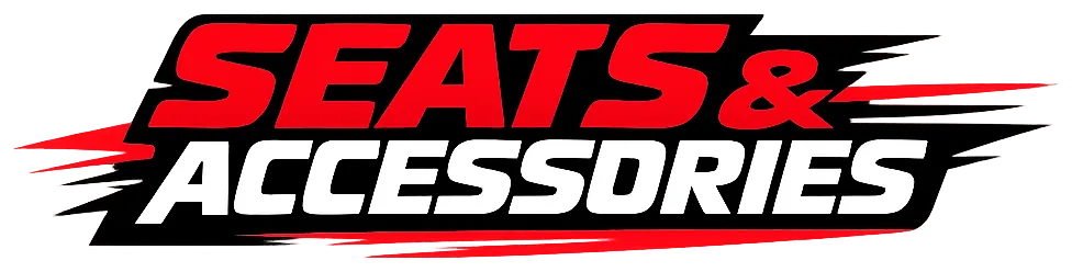 Red and black blocky performance text logo reading Seats & Accessories for LO206 kart seats and mounting components.