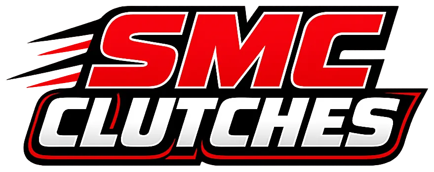 Red and black blocky text logo banner for SMC Clutches representing centrifugal clutch parts for kart racing on a white background.