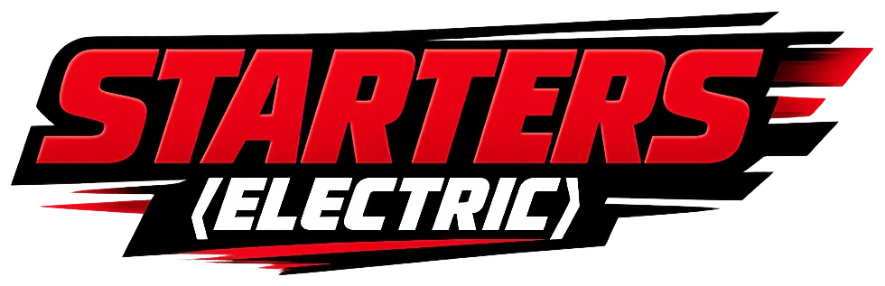 Red and black blocky text banner displaying the words Starters (Electric) for electric kart starters on a white background.