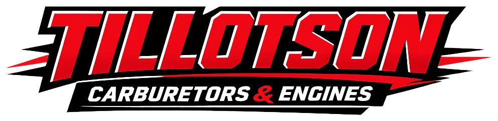 Red and black blocky text banner displaying Tillotson Carburetors & Engines representing Tillotson brand carburetors and engines for kart racing.