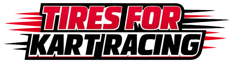 Red and black blocky text banner reading Tires for Kart Racing representing kart racing tires on a white background.