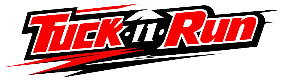 Red and black blocky text reading Tuck-n-Run on a white background, representing the brand of kart sprockets, guards, and hubs for LO206 racing.