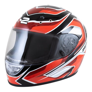 Red and black Zamp FS10 helmet showing aggressive graphic pattern in bright red over black with clear visor and vent layout on a white background