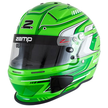 Green Zamp RZ-70S kart racing helmet in side profile with black and white graphic accents, clear visor, front vents on a white background