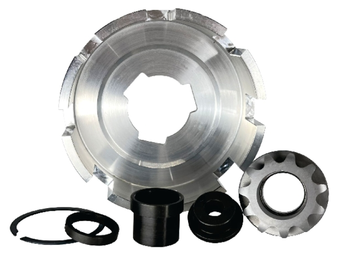 a 11t #35 Sprocket Kit , driver, spacers, c clip, and drum all shown in picture. Drum is aluminum, driver is steel colored, the rest is black.