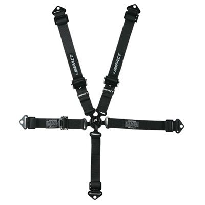 Black 2 inch Impact QM JR drag cam lock belts five-point harness laid flat in cross pattern with central camlock buckle, QSR adjusters, lap belts and crotch strap on a white background