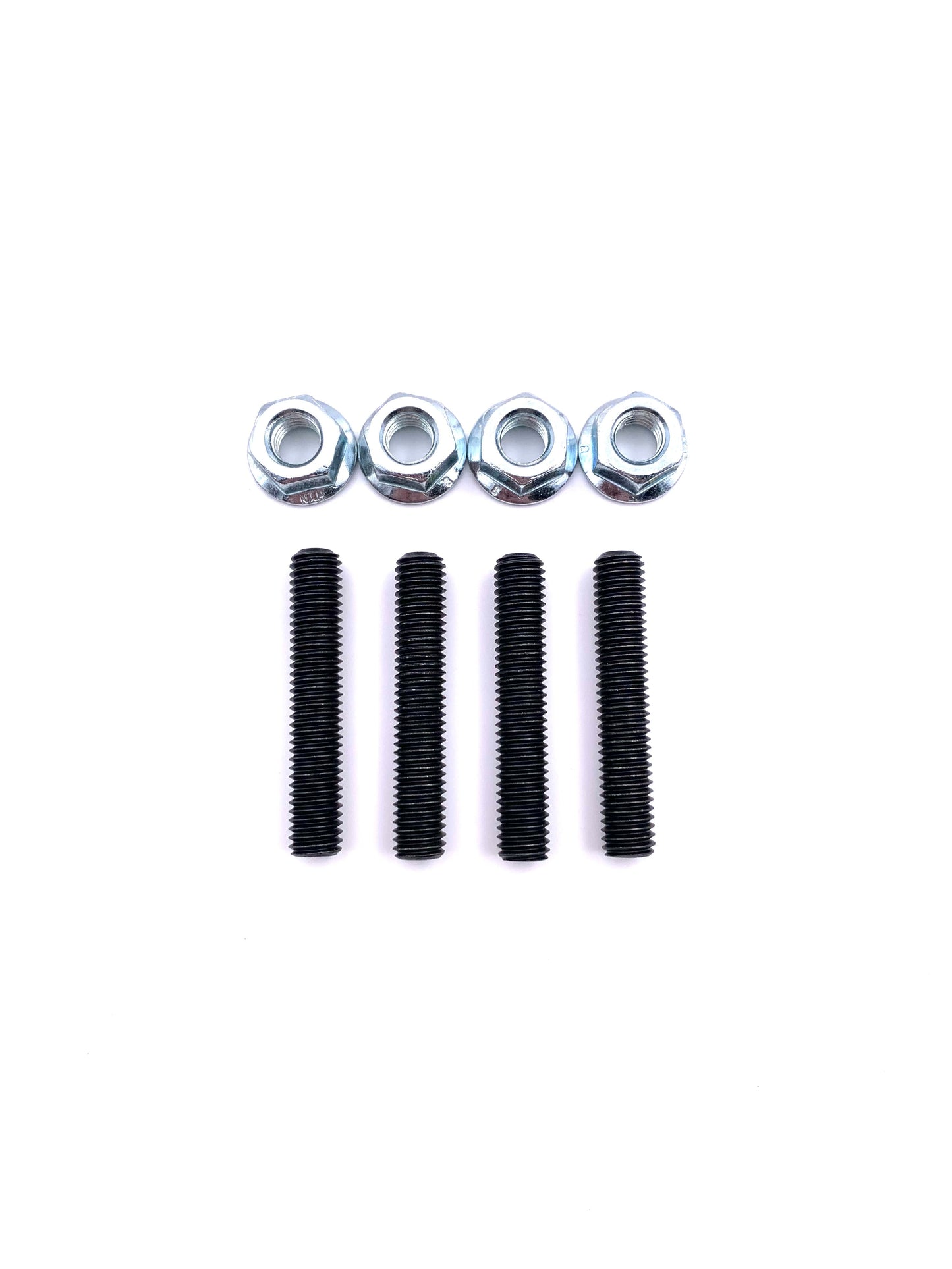 Engine stud kit showing four black fully threaded steel studs and four silver hex nuts on a white background