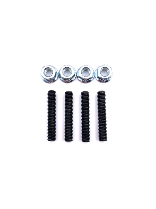 Engine stud kit showing four black fully threaded steel studs and four silver hex nuts on a white background