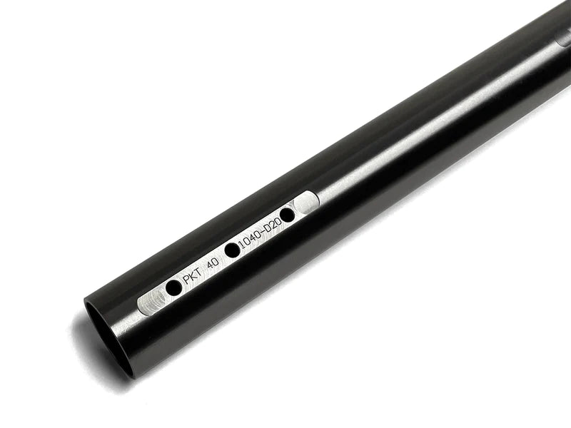 Black tubular kart axle angled on white background showing machined key slots with etched PKT 40 and 1040-D20 markings next to the holes.