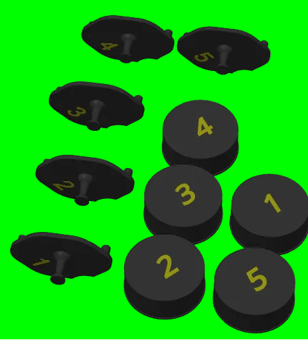 10 pieces showing fitment for a LO206 or animal. Five if them are exhaust covers that are numbered 1 thru 5, and show the thumb grab able piece protruded from the top for removal of cap. Also shown is the op of the 5 carburetor caps that are numbered 1 thru 5. All bodies of the pieces are black, with yellow numbering on a green background. 