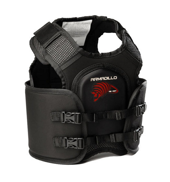 Black Armadillo Rib Vest Adult Large for kart racing, rib protector sized for 38.5-43 inch chest with red armadillo logo