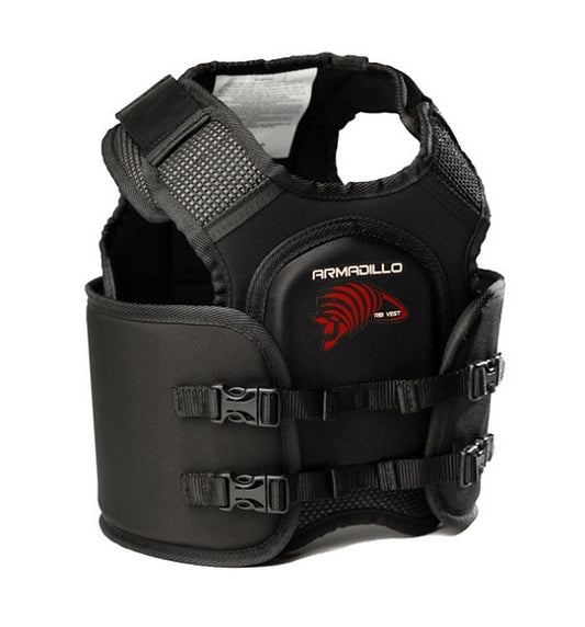 Black Armadillo Rib Vest Junior II SFI certified safety gear for karting, fits 30-35 inch chest