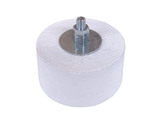 Cylindrical 5 lb white painted lead kart weight with pre-drilled 5/16-inch bolt hole and included bolt