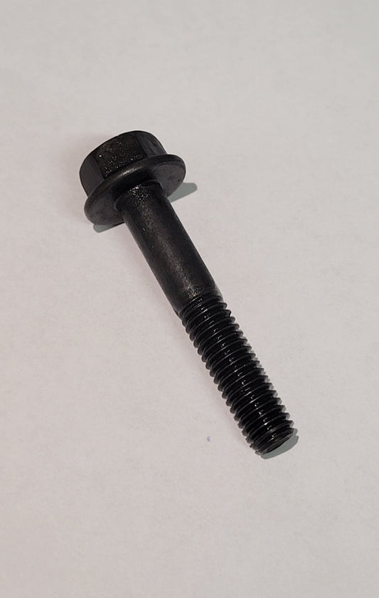Close-up of black flanged 6mm x 35mm hex head cap screw for LO206 kart engine