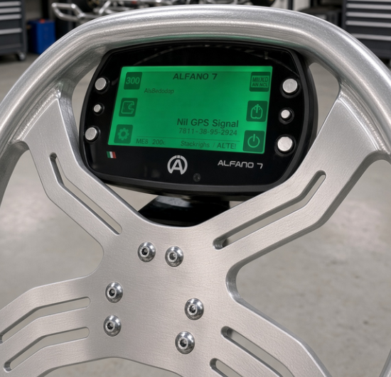 Close-up of a silver metallic wheel rim with a central digital display screen showing green UI elements and the text 'ALFANO 7'.