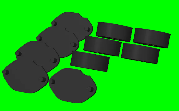 Side view of 5 each of exhaust caps and carburetor caps, these are black in color, and show the end of the exhaust caps that have the pins that self align inside of the exhaust bolt holes, and show the sides of the carb caps. All 10 items are on a neon green background.