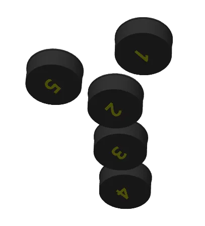5 Carberator caps, viewing the side that is numbered and has numbers 1 thru 5 on each of cap with a white background.