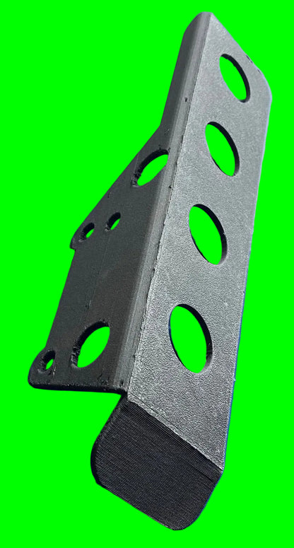 Front view of light weight chain guard, showing different mounting holes for changing angle of chain proection. Product is on a neon green background.