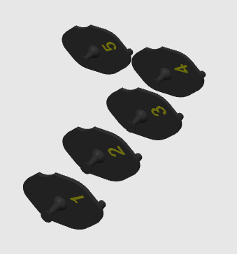 5 Exhaust caps, and each one is numbered 1 thru 5. It shows a peice to grab and pinch to remove the cap from the exhaust. Also shown is one end of the pin that goes into the exhaust bolt hole. On a white background.