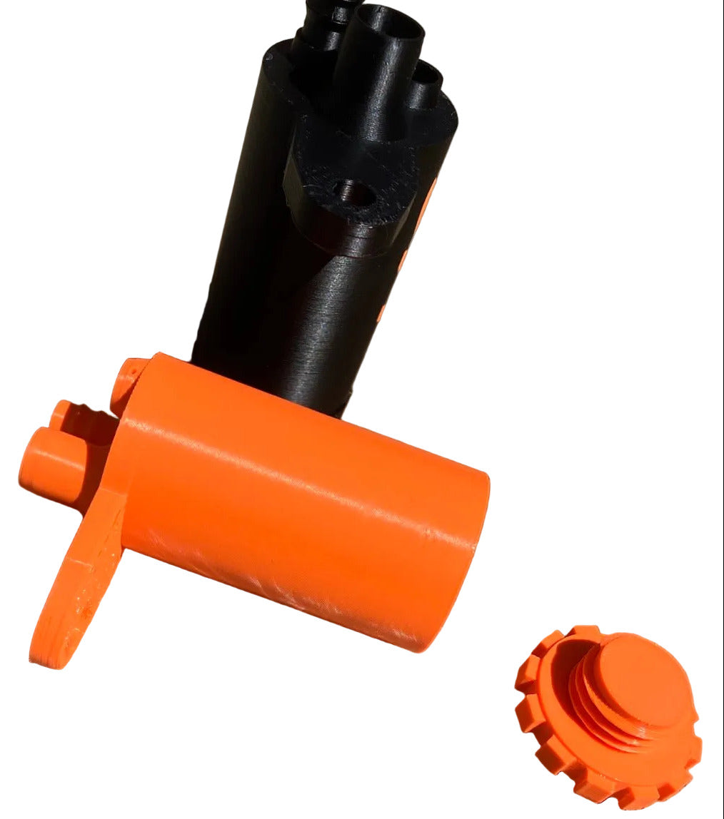Two tanks one is orange one is black and showing the bottom screw cap in orange on a white background. 