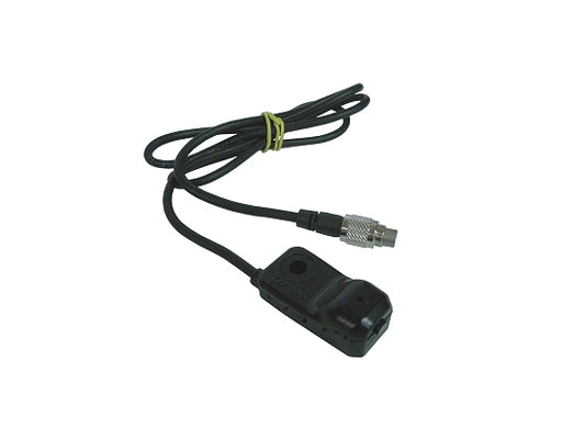 Close-up of black MC6 7-pin infrared receiver with cable and connector for AIM kart gauges