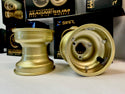 Pair of gold Swift MXC 130mm hub mount kart wheels with beadlocks and Euro 3/58 mounting