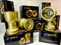 Pair of gold Swift MXC 214mm hub mount kart wheels with beadlocks and packaging