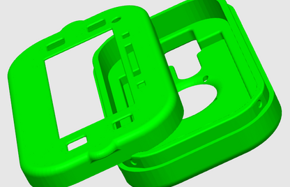 MyChron 6 protective case in neon green on a white background. Showing both pieces separated and the front view, with a look at the inside of the rear cover.