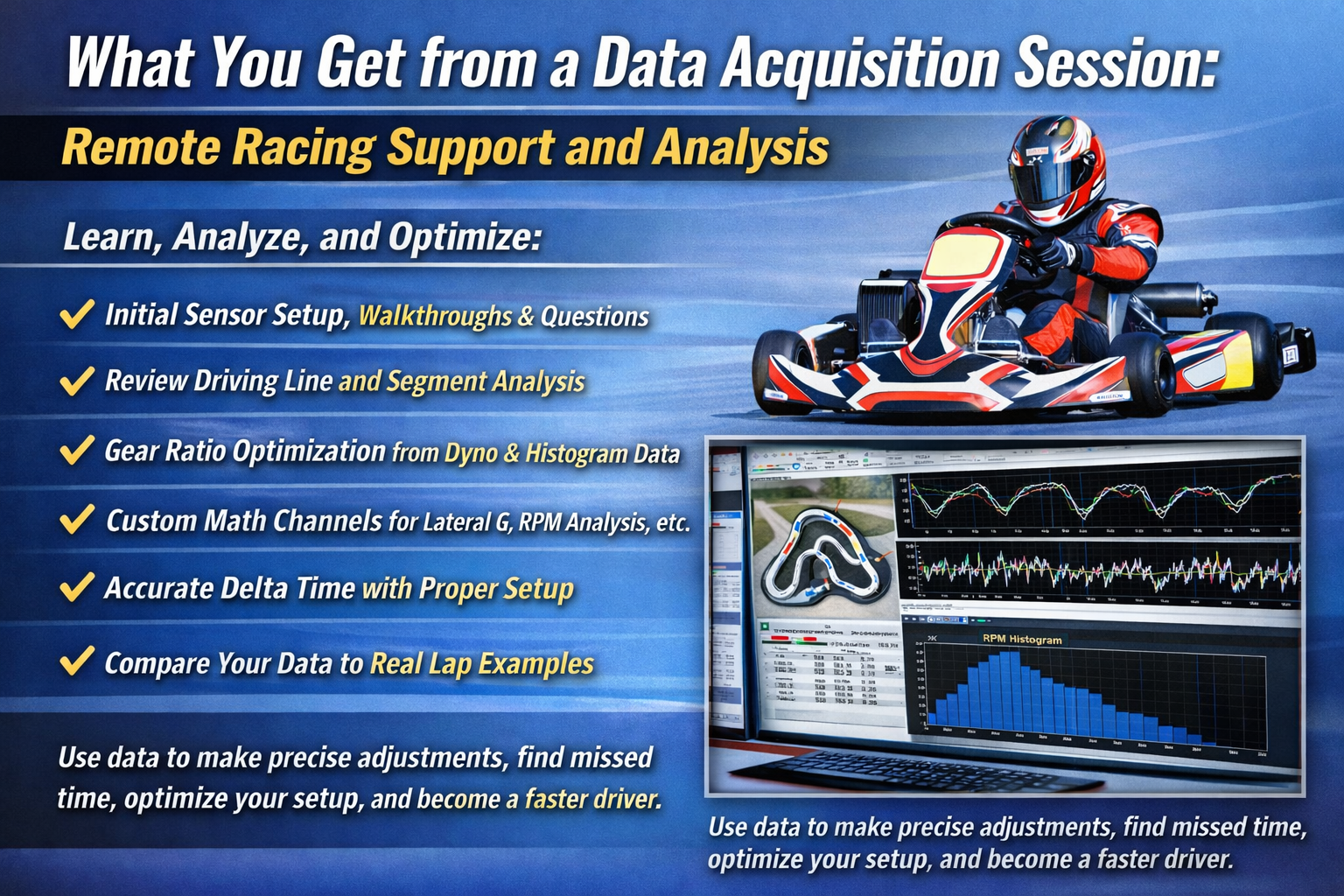Remote kart racing data acquisition session showing driving line analysis, gear ratio optimization, RPM histograms, delta time setup, and Race Studio 3 performance analysis for MyChron data loggers.