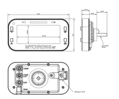 Technical drawing of a device with dimensions and features labeled