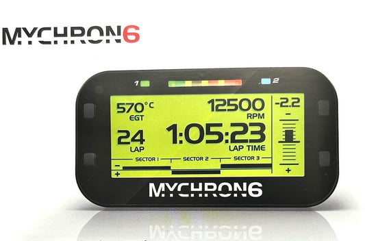 MyChron 6 T2 gauge showing RPM at 1250, 570°C temp, lap time 1:05:23, and sectors