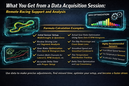 Infographic explaining what is learned in a karting data acquisition session, including RPM optimization, driving line analysis, delta time improvement, and recommended performance sensors.