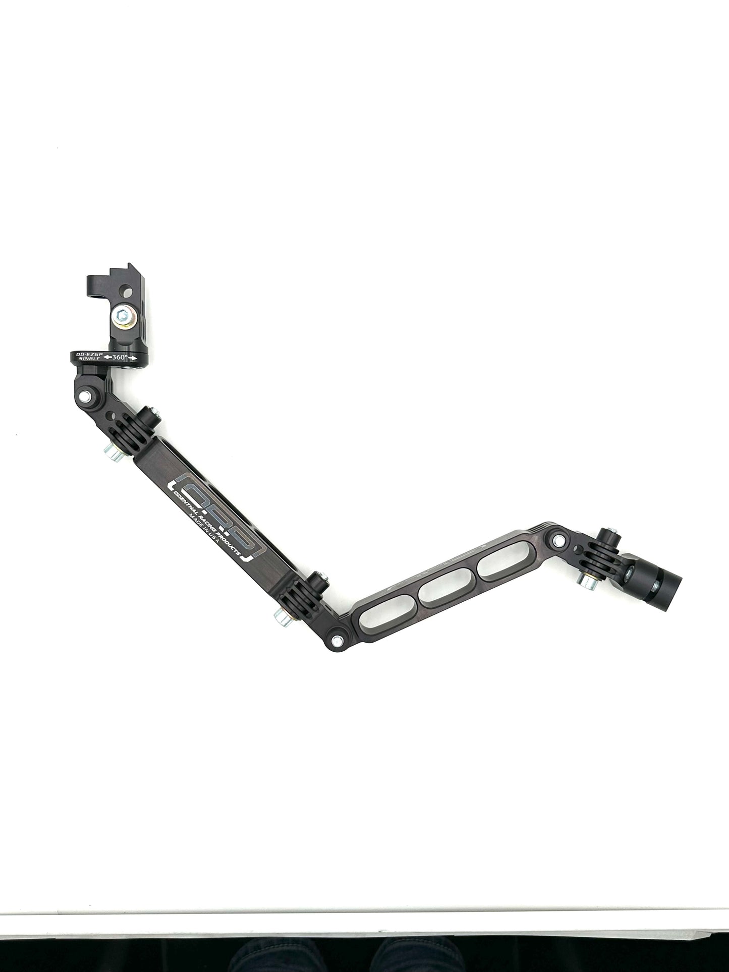 Black long single swivel EZGP SmartyCam camera mount angled to highlight extended arm with lightening holes on a white background