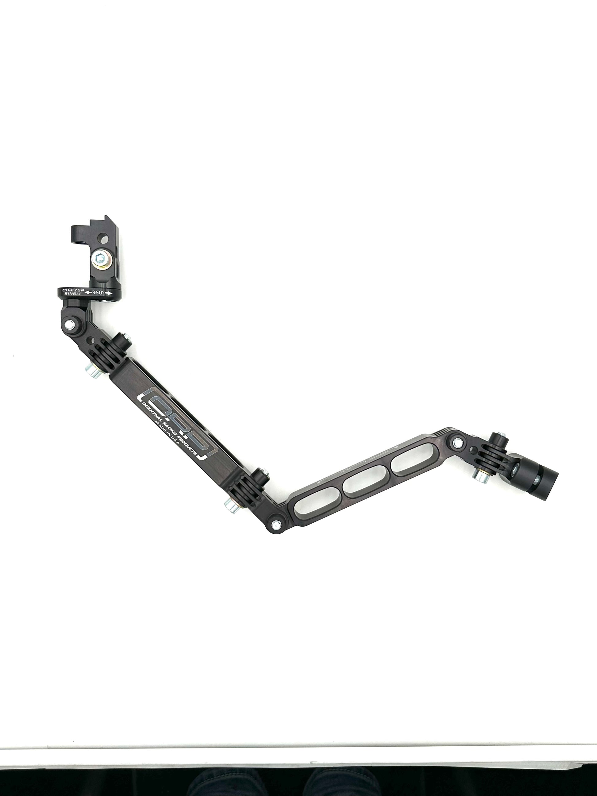 Black long single swivel EZGP SmartyCam camera mount angled to highlight extended arm with lightening holes on a white background