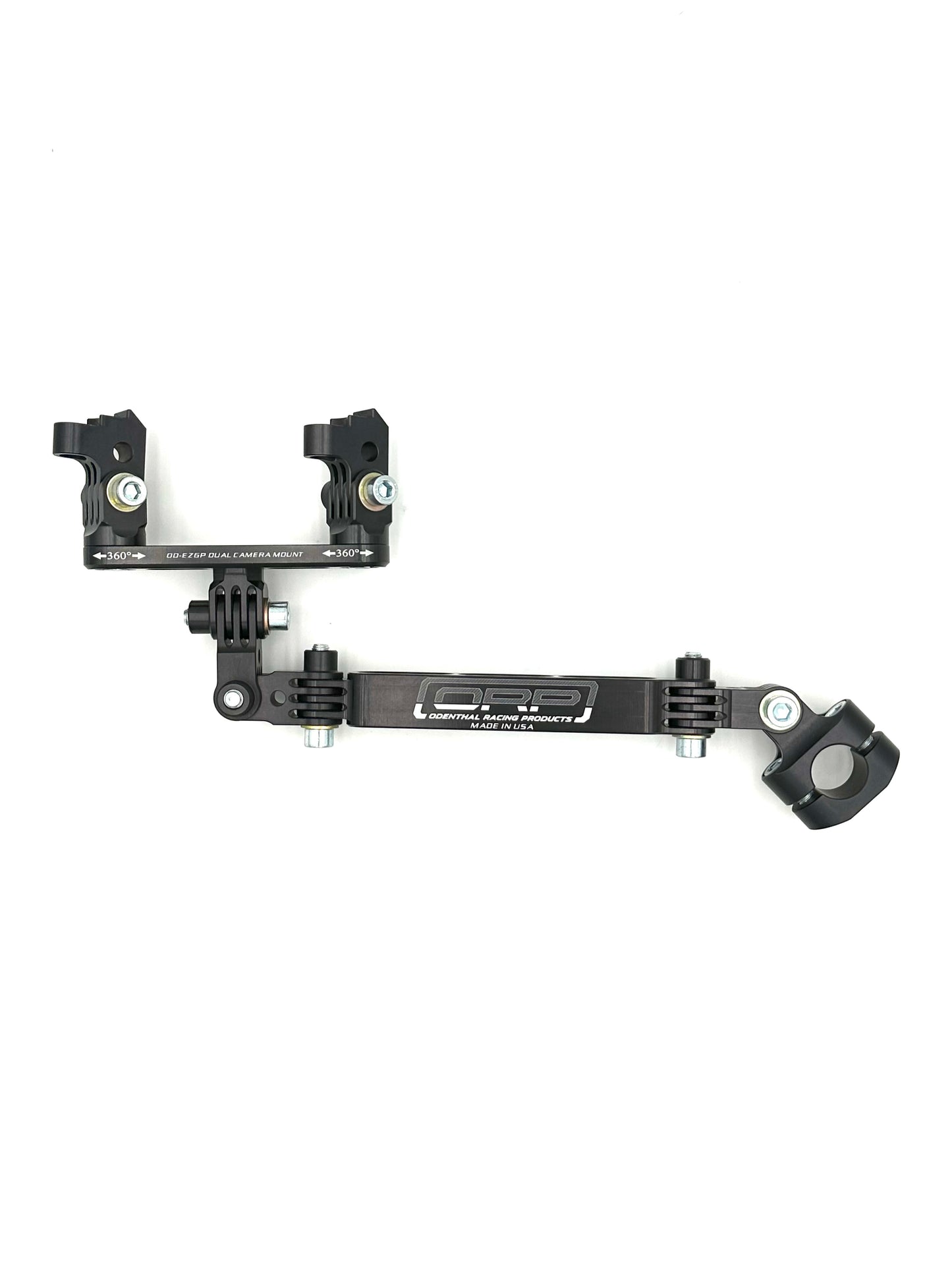 Black short dual swivel EZGP SmartyCam camera mount with crossbar for two camera plates on a white background