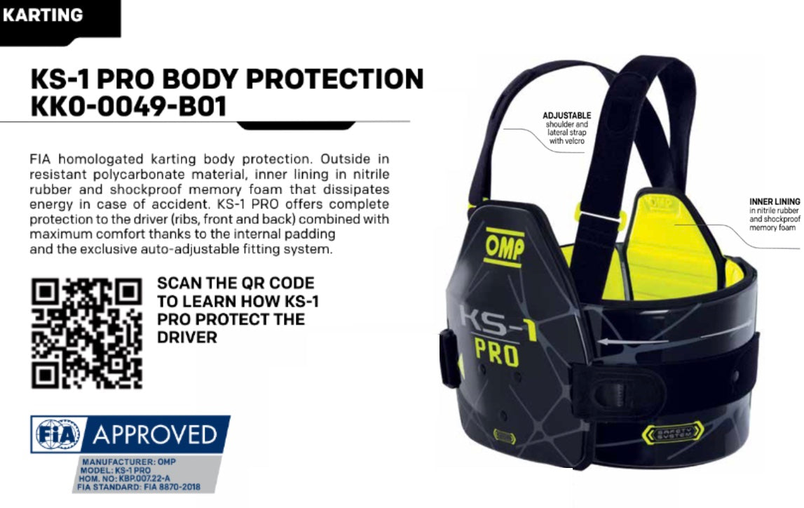 Karting KS-1 Pro body protection rib vest for karting with FIA approval label on a white background. Passes CKNA and FIA rules