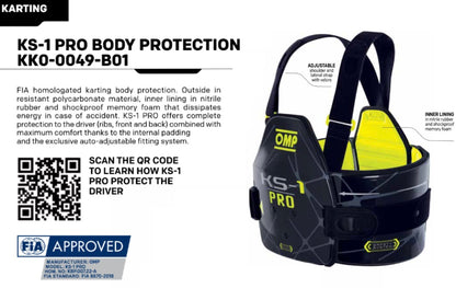 Karting KS-1 Pro body protection rib vest for karting with FIA approval label on a white background. Passes CKNA and FIA rules