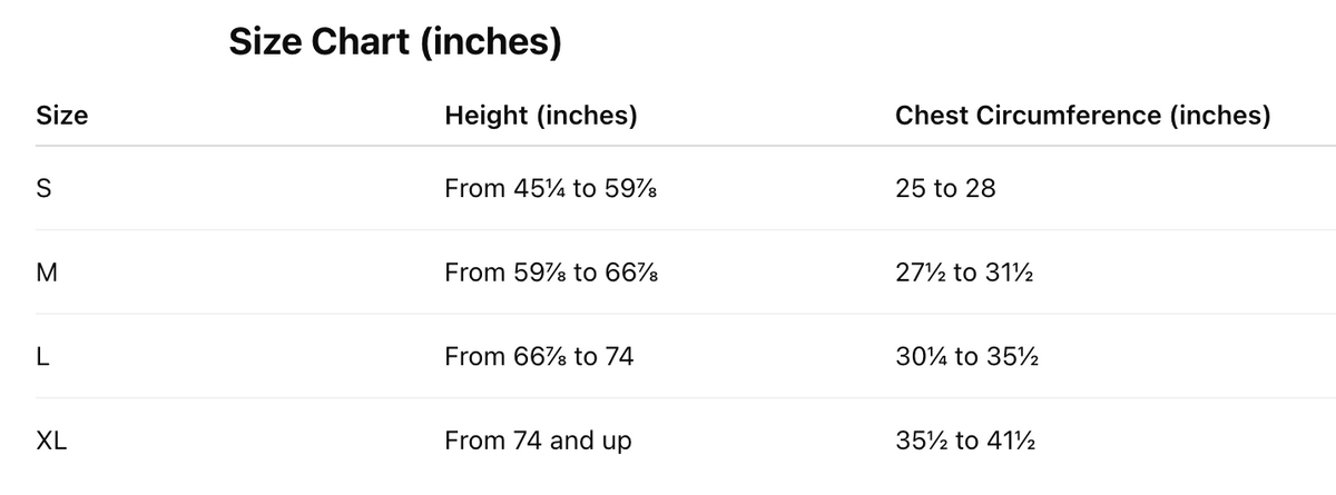 Size chart for omP KS 1 karting rib vest n inches with height and chest circumference ranges, white background black text.