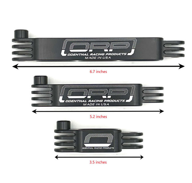 Three arms from a odenthal camera mount, different sizes. Each size has a label under it. 6.7 inches, 5.2 inches, and 3.5 inches. Each arm is black and has brackets on the end to connect to one another. Also has the ORP logo it, they are all black on a white background.
