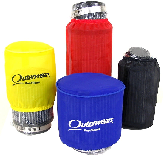 Outerwears red pre-filter designed for AFR80 and AFR175 kart air filters, shown with protective cover and clamp