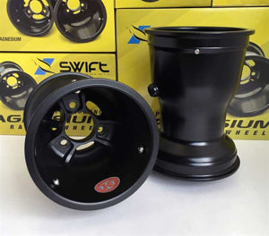 Pair of black Swift Standard 212mm magnesium kart wheels with beadlocks and Euro mounting