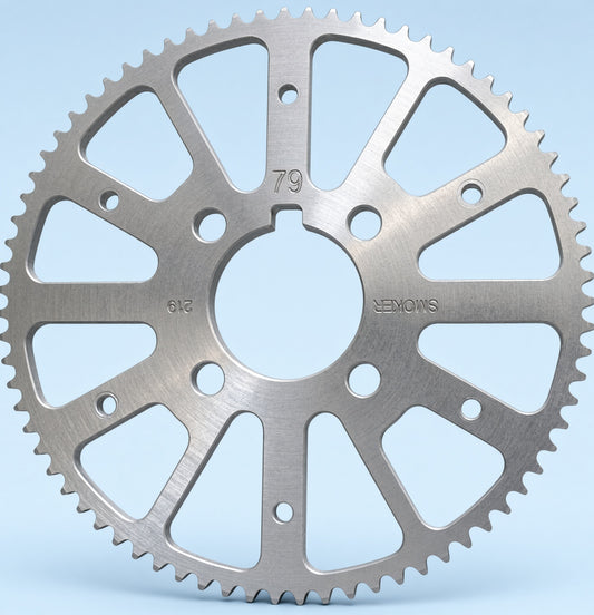 A light weight looking gear or sprocket for kart racing, one solid piece gear that is #219 pitch with a light blue background. The sprocket is standing upright with a small sprocket. On the sprocket it has stamped 79 for 79 tooth, and says smoker, and 219 also stamped on it. There is 4 bolt holes for mounting to the hub, and over 50% of the interior of the sprocket is cut out for maximizing the light weight. 