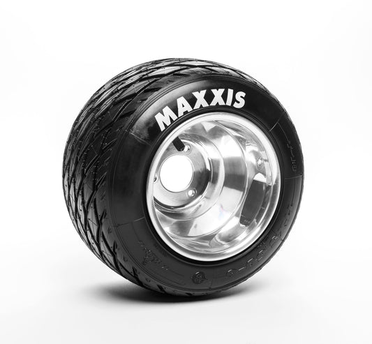 Maxxis T-18 900x6 treaded tire on silver wheel for kart racing