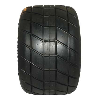 Close-up of TX33 11.5x700x6 black treaded kart tire with aggressive tread pattern