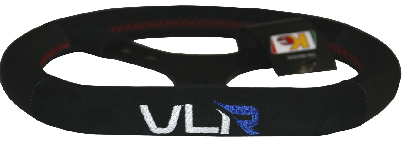 VLE1007 KG flat top steering wheel with embroidered VLR logo, black grip with red accents