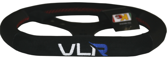 VLE1007 KG flat top steering wheel with embroidered VLR logo, black grip with red accents
