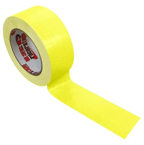 Roll of ductape that is bright yellow with white background and rolled out 6 or 8 inches.