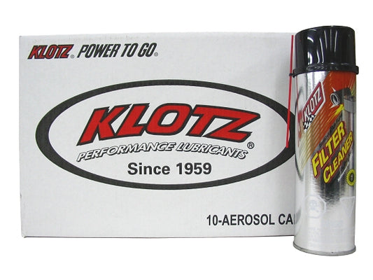 Bulk case containing 10 cans of Klotz filter cleaner for karting