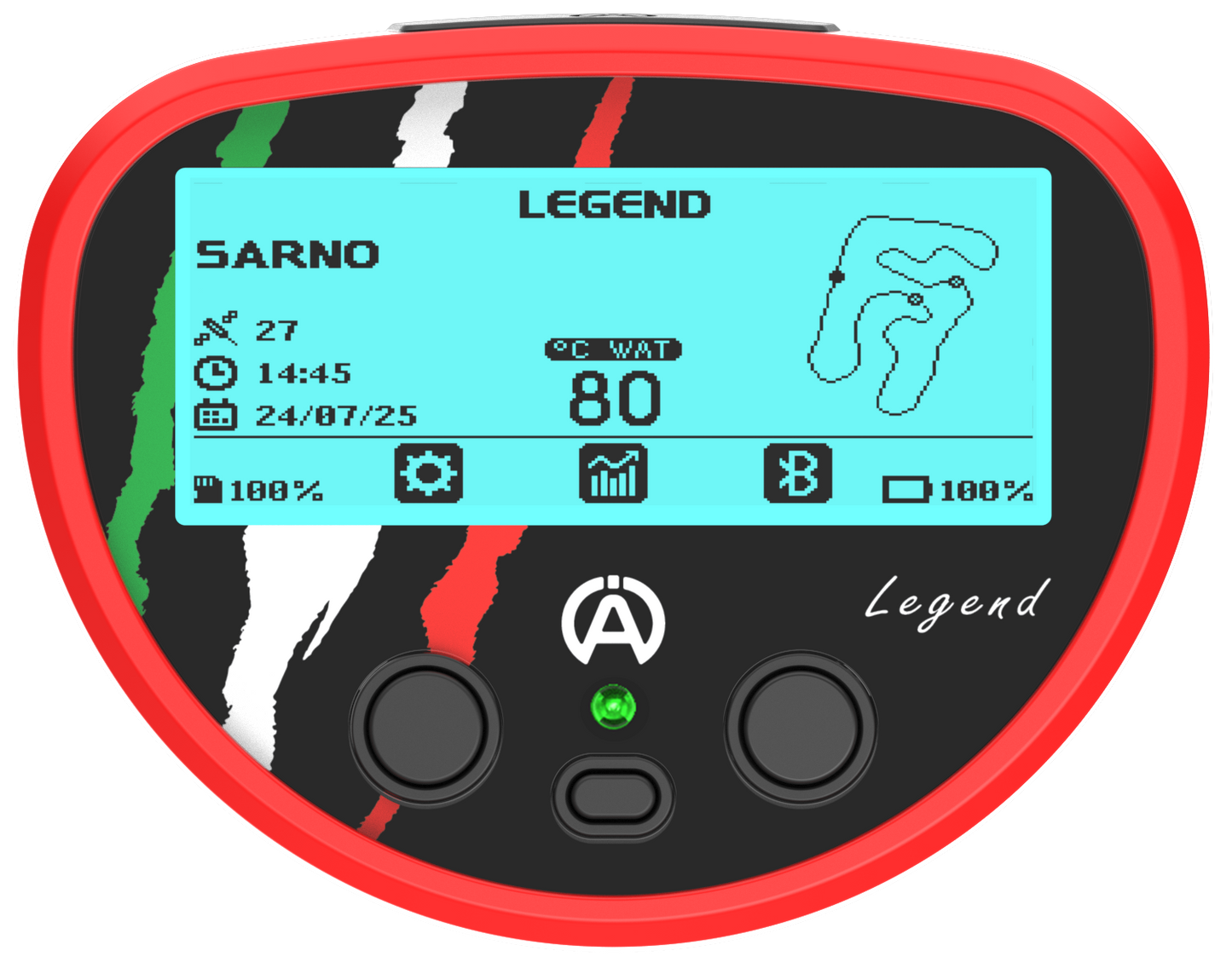 Alfano Legend gauge front view with red bezel showing active LCD screen with lap time, RPM, water temperature, track map, battery level and Bluetooth icons on a white background